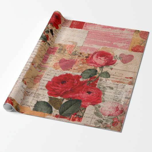 Vintage Romantische Roos Collage (6) Cadeaupapier (Uitgerold)