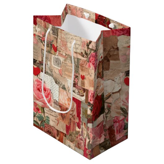 Vintage Romantische Roos Collage (7) Medium Cadeauzakje (Voorkant Gekanteld)
