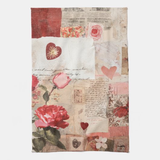 Vintage Romantische Rozen Collage (3) Theedoek (Verticaal)