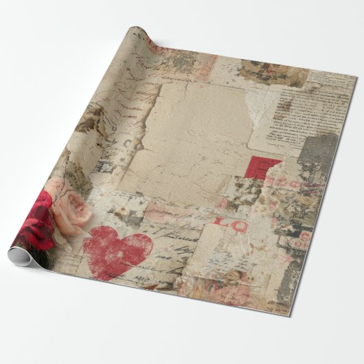 Vintage Romantische Rozen Collage (4) Cadeaupapier (Uitgerold)