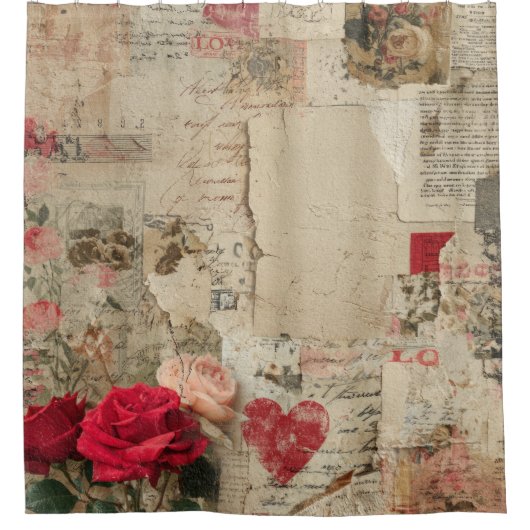 Vintage Romantische Rozen Collage (4) Douchegordijn (Voorkant)