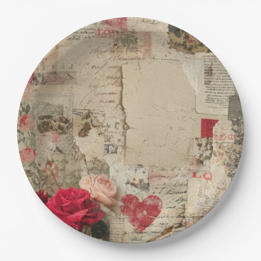 Vintage Romantische Rozen Collage (4) Papieren Bordje (Voorkant)