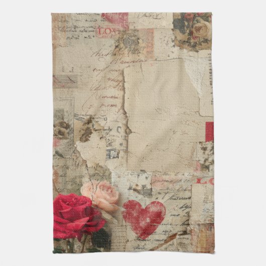 Vintage Romantische Rozen Collage (4) Theedoek (Verticaal)