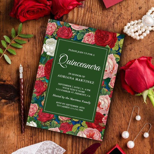 Vintage Romantische rozen Floral Quinceanera Kaart