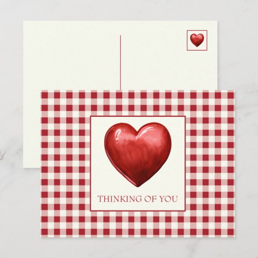 Vintage rood en crèmekleurig gingham met hart briefkaart (Voorkant / Achterkant)