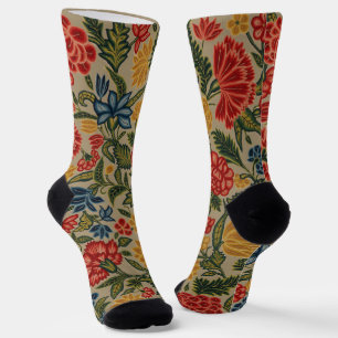 Vintage rood en goud crewel bloempatroon sokken