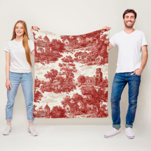 Vintage Rood Toile Landschaps Natuur Patroon Fleece Deken