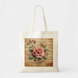 Vintage Roos & Bladmuziek – Katoenen Boodschappent Tote Bag