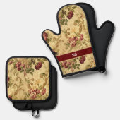 Vintage Roos Bloem Ovenwant & Pannenlap Set (Voorkant / Achterkant)