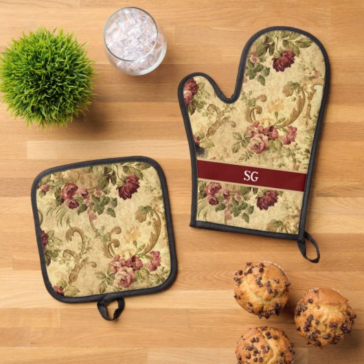 Vintage Roos Bloem Ovenwant & Pannenlap Set (Top down)