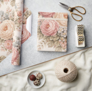 Vintage Roos Bloemmotief   Elegante Pastel  Cadeaupapier