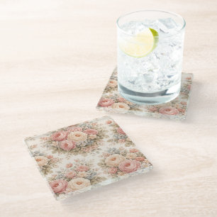 Vintage Roos Bloemmotief Elegante Pastel Glazen Onderzetter