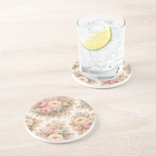 Vintage Roos Bloemmotief   Elegante Pastel  Zandsteen Onderzetter