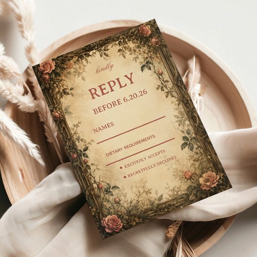 Vintage Roos Botanisch RSVP Kaartje