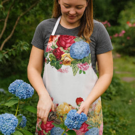 Vintage Roos en Blauwe Hortensia Bloemenprint Schort