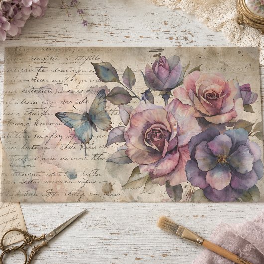 Vintage Roos & Vlinder op Oude Script Decoupage Tissuepapier