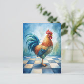 Vintage Rooster Blue White Checkered  Briefkaart (Staand voorkant)