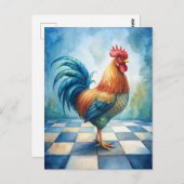 Vintage Rooster Blue White Checkered  Briefkaart (Voorkant / Achterkant)