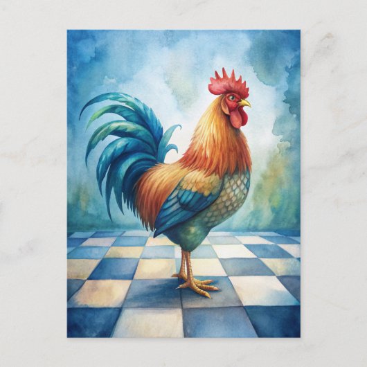 Vintage Rooster Blue White Checkered  Briefkaart (Voorkant)