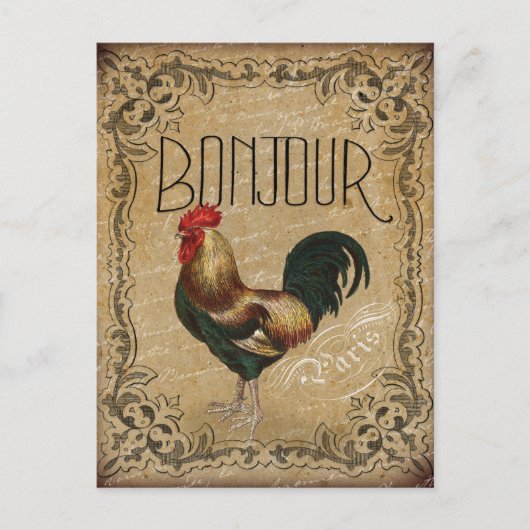 Vintage Rooster Bonjour Parijs Briefkaart (Voorkant)