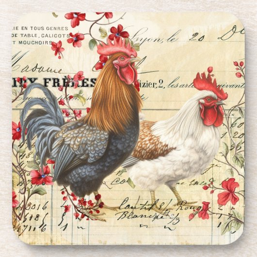 Vintage Rooster en Hen Ephemera Bier Onderzetter (Voorkant)