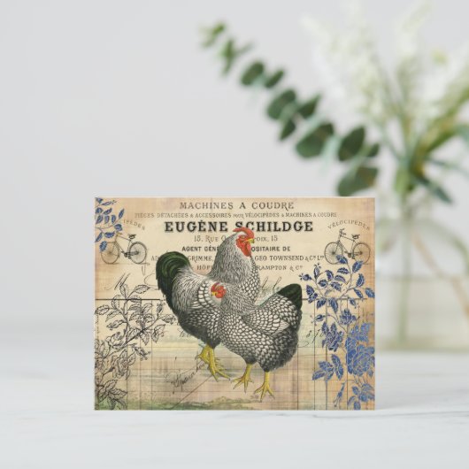 Vintage Rooster en Hen Ephemera Briefkaart (Staand voorkant)
