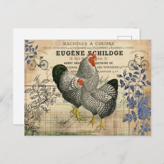 Vintage Rooster en Hen Ephemera Briefkaart (Voorkant / Achterkant)