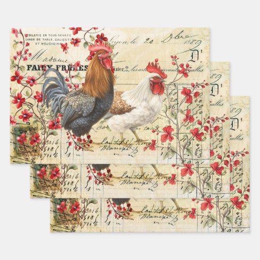 Vintage Rooster en Hen Ephemera Inpakpapier Vel (Set)
