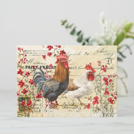 Vintage Rooster en Hen Ephemera ontkoppeling Kaart (Staand voorkant)