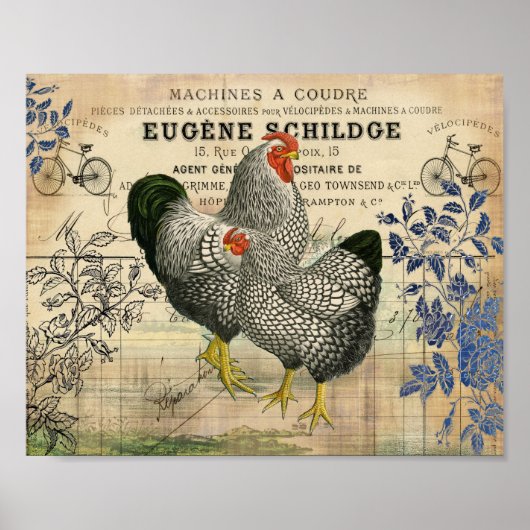 Vintage Rooster en Hen Ephemera Poster (Voorkant)