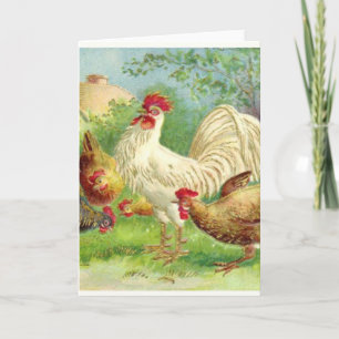 Vintage Rooster en kippen Feestdagen Kaart
