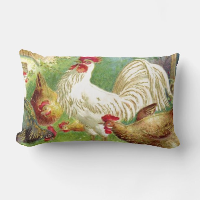Vintage Rooster en kippen Kussen (Voorkant)