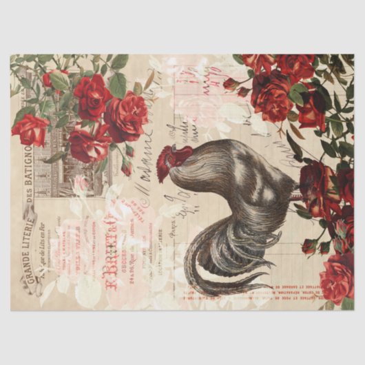 Vintage Rooster en Rozen Ontkoppeling Ephemera Tis Tissuepapier (Voorkant)