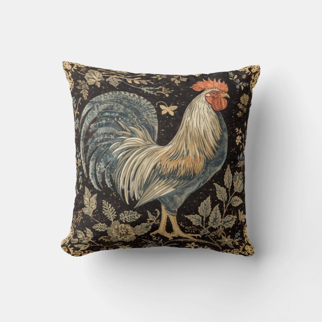 Vintage Rooster, Florals Pattern,Black Background Kussen (Voorkant)