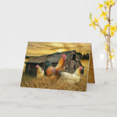 Vintage Rooster Hens Rustic Barn Coop Kaart (Gele Bloem)