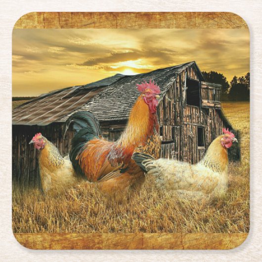 Vintage Rooster Hens Rustic Barn Coop Kartonnen Onderzetters (Voorkant)