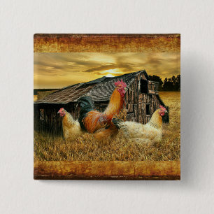 Vintage Rooster Hens Rustic Barn Coop Vierkante Button 5,1 Cm