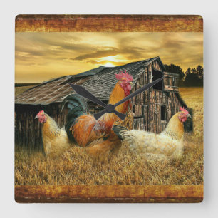 Vintage Rooster Hens Rustic Barn Coop Vierkante Klok