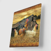 Vintage Rooster Hens Rustic Barn Coop Vierkante Klok (Hoek)