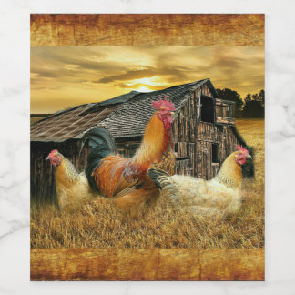 Vintage Rooster Hens Rustic Barn Coop Wijn Etiket