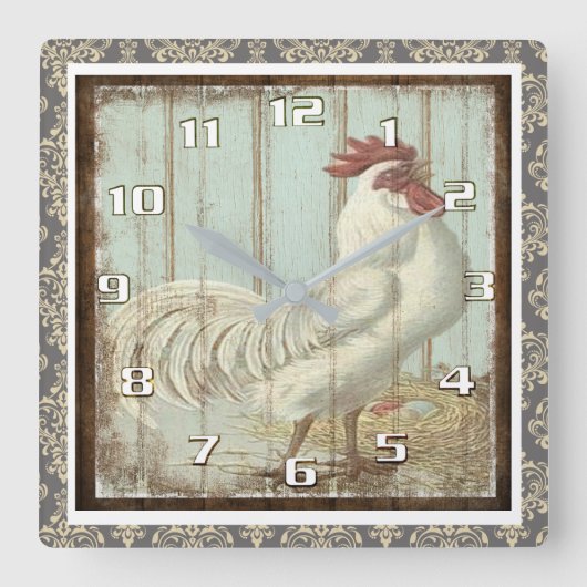 Vintage Rooster op Rustic Wooden Board  Vierkante Klok (Voorkant)