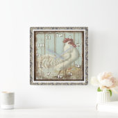 Vintage Rooster op Rustic Wooden Board  Vierkante Klok (Huis)