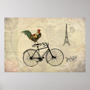 Vintage Rooster Riding Bike by the Eiffel Tower Poster