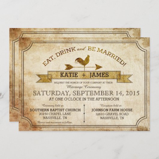 Vintage Rooster Rustic Country Wedding Uitnodiging (Voorkant / Achterkant)