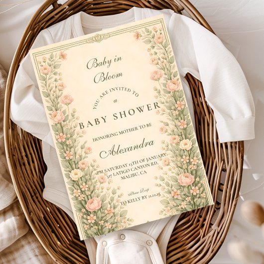 Vintage Rose Botanical Baby Shower Kaart
