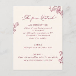 Vintage Rose Burgundy Floral Wedding Details  Informatiekaartje