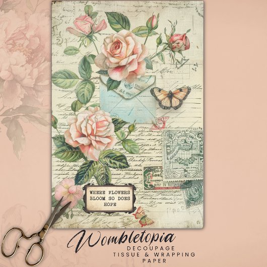 Vintage Roses & Butterfly Botanical Ephemera Tissuepapier