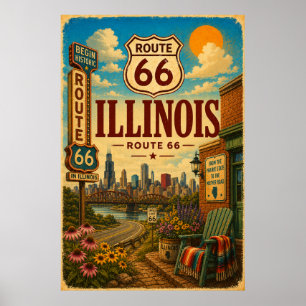 Vintage Route 66 Illinois Chicago Tuin Reizen Poster