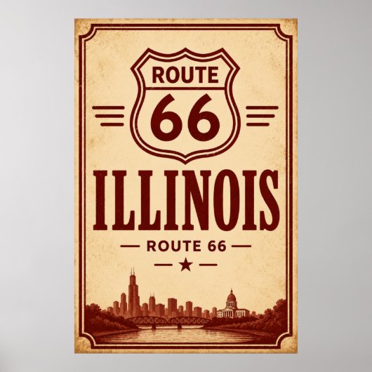 Vintage Route 66 Illinois Stadssilhouet Kunst Poster (Voorkant)