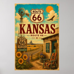 Vintage Route 66 Kansas Zonnebloem Reis Kunst Poster